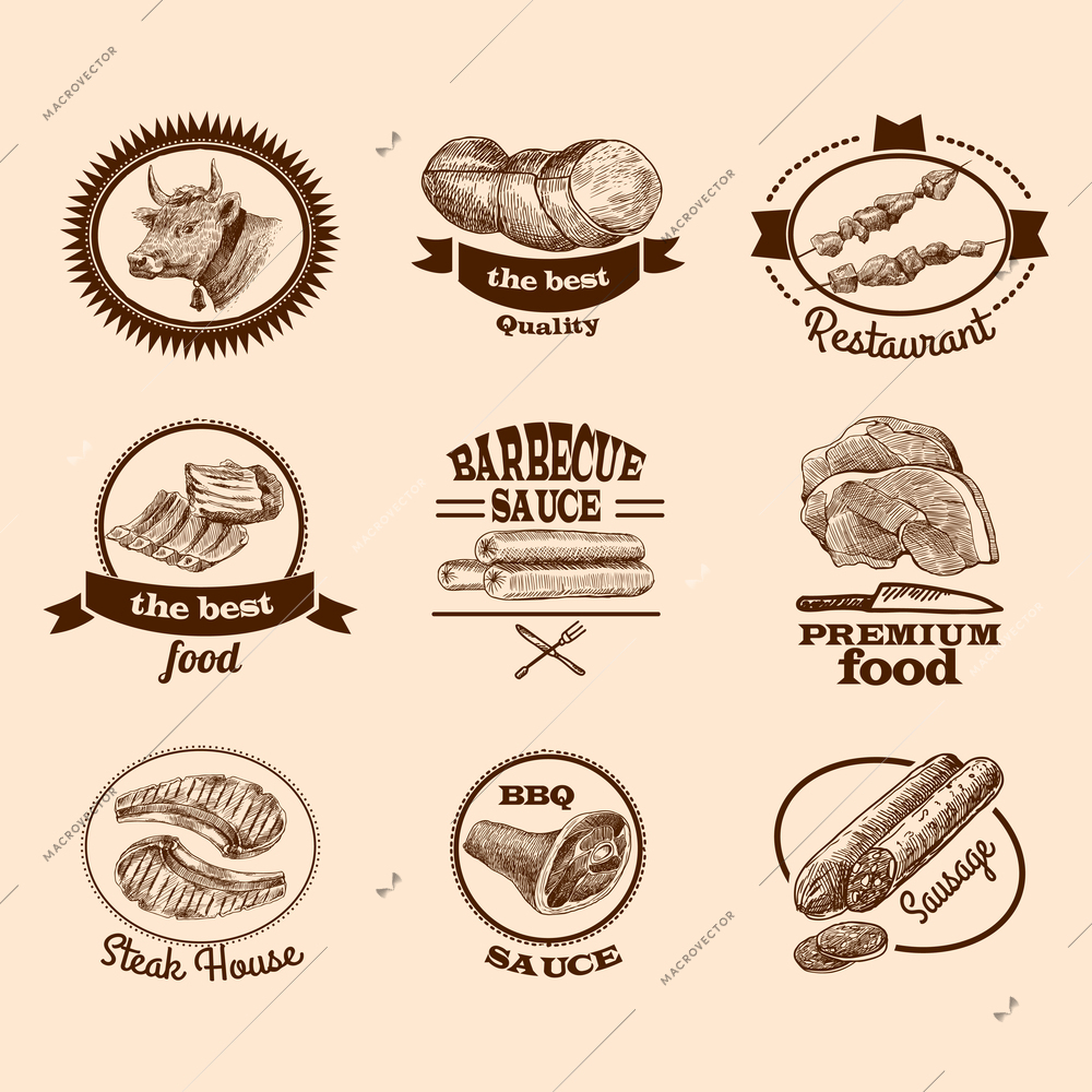 Meat food best quality premium steak decorative labels sketch set isolated vector illustration