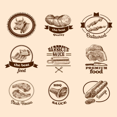 Meat food best quality premium steak decorative labels sketch set isolated vector illustration