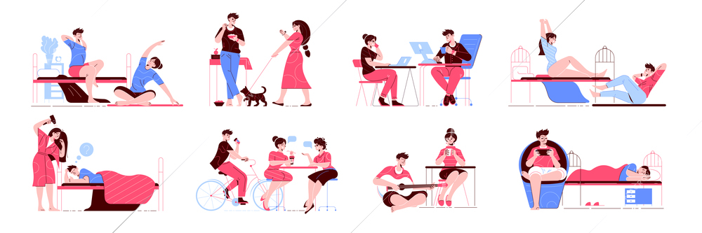 Man woman daily routine color set of isolated icons with doodle human characters in various situations vector illustration