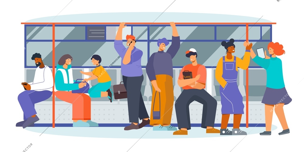 Public transport metro subway underground interior car image with standing sitting messaging talking passengers flat vector illustration