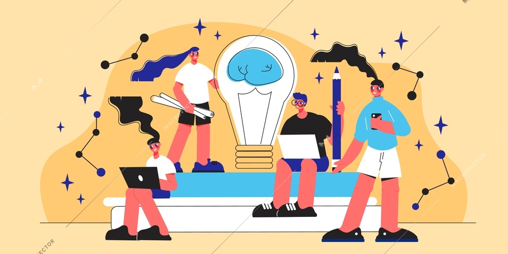 Team work flat concept with four smiling human characters and light bulb vector illustration