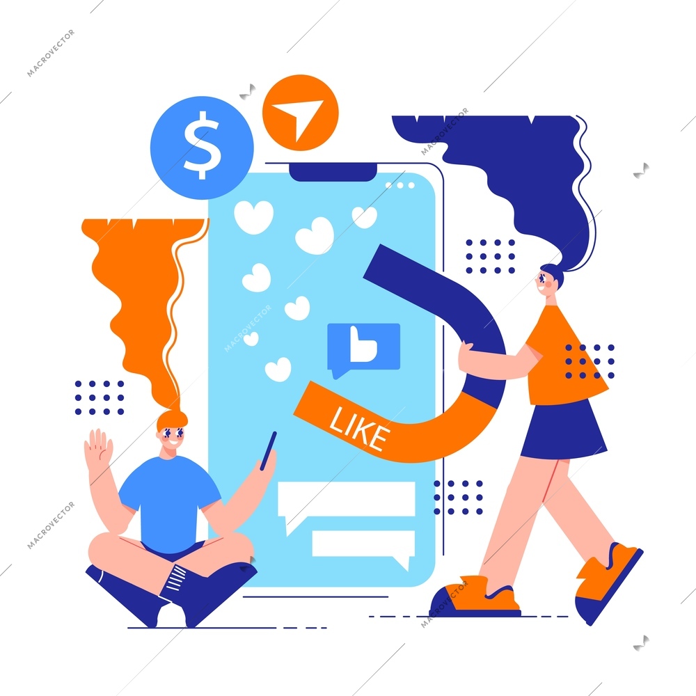 Influencer marketing design concept with smartphone image and two female bloggers engaging with followers as potential buyers vector illustration