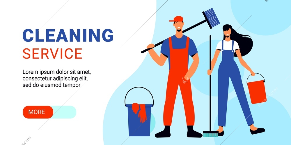 Cleaning service horizontal banner with couple of funny young people in uniform with mops and buckets flat vector illustration