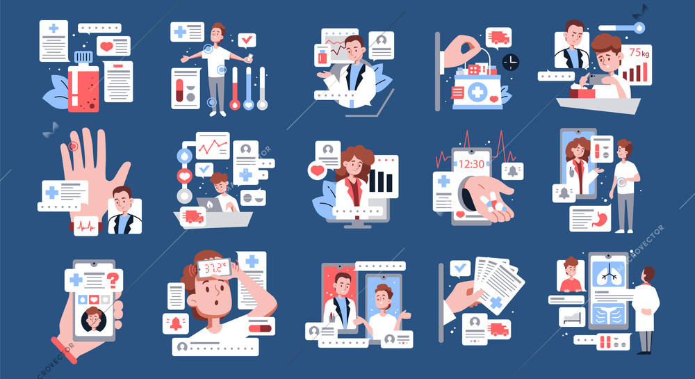 Online medicine video consultation flat color icons set isolated vector illustration