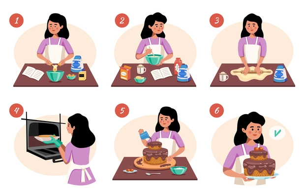 Homemade cooking infographics scheme with charming girl and six steps to prepare the finished product flat vector illustration