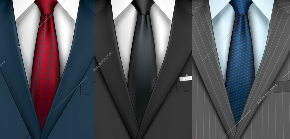 Businessman boss black modern style classic office suit collection with shirt and colored tie vector illustration
