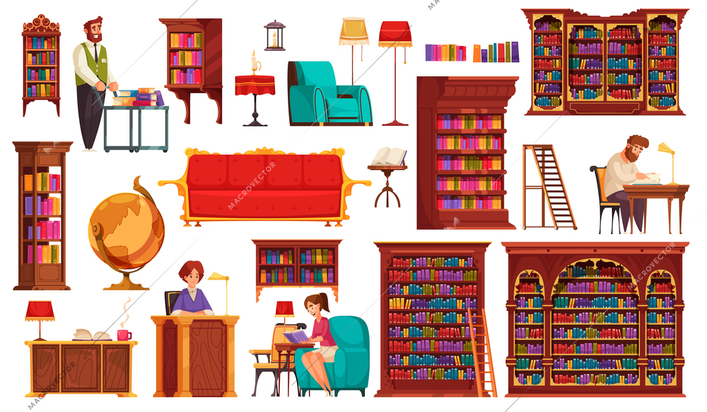 Old library interior icons set with pieces of furniture librarian visitor cartoon isolated vector illustration