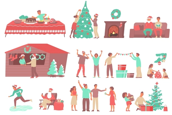 Christmas set with flat icons human characters with decorations gifts and furniture with rink skates rental vector illustration