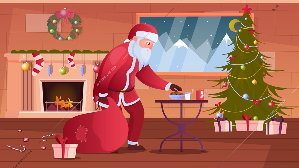 Smiling santa claus taking cookie in decorated room flat vector illustration