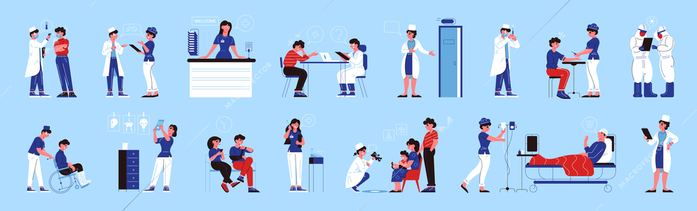 Hospital medicine color set of isolated human characters and icons of suffering patients with medical specialists vector illustration