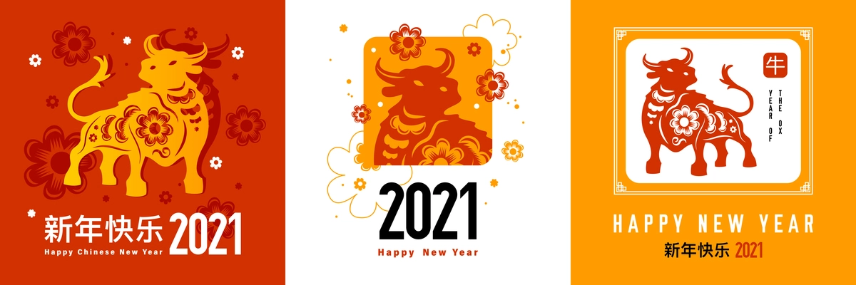 Holiday poster set with Year of the ox and Happy Chinese New Year text vector illustration