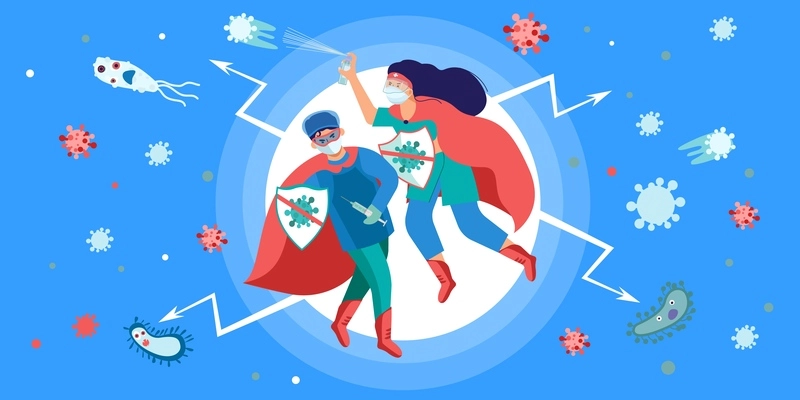 Nurse super hero in red cape uniform fighting viruses with spray and syringe flat composition vector illustration