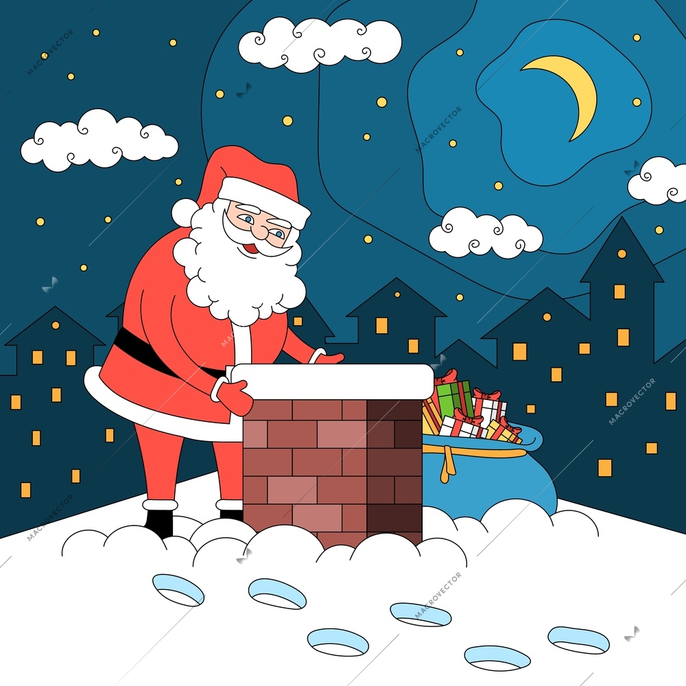 Christmas coloring square composition with night cityscape starry sky and santa on house roof with chimney vector illustration