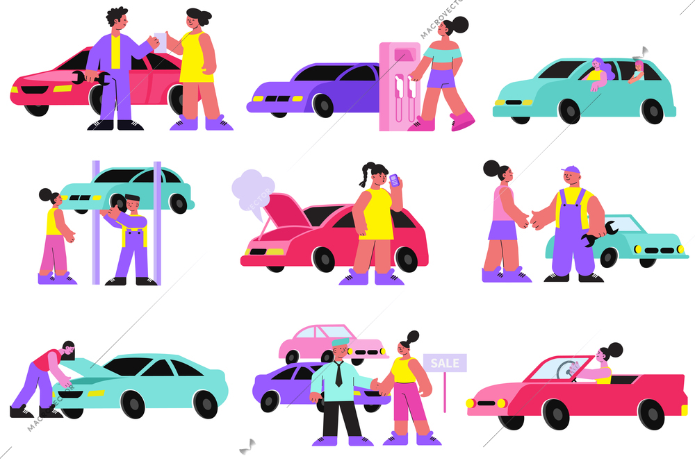 Woman car set with problems on road symbols flat isolated vector illustration