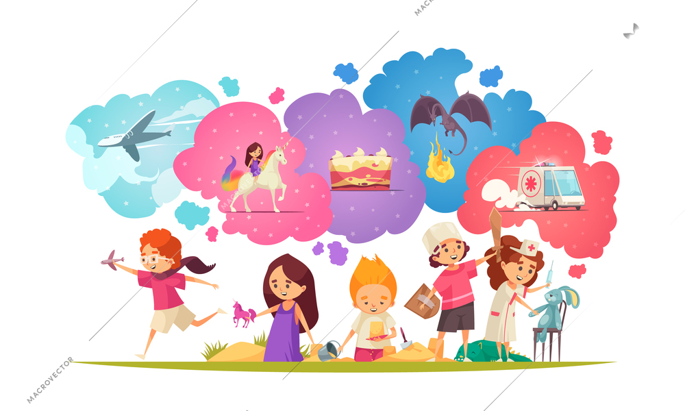 Children dreaming composition with group of doodle kids characters with toys and colourful imagination thought bubbles vector illustration