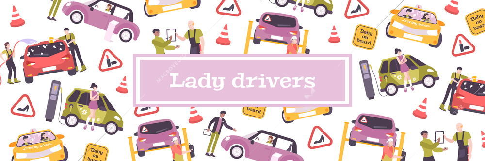 Woman driving pattern composition with flat images of cars with female drivers road signs and text vector illustration