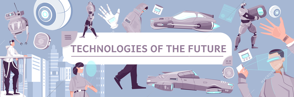 Technologies of future flat pattern with robots virtual reality gloves futuristic car and plane vector illustration