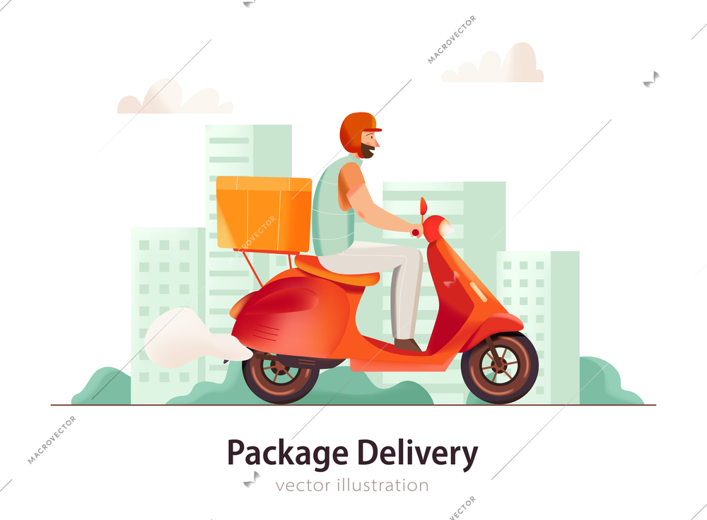 Delivery service man riding motorbike with box flat vector illustration