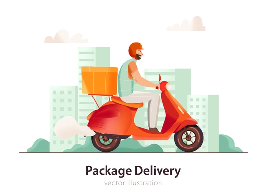 Delivery service man riding motorbike with box flat vector illustration