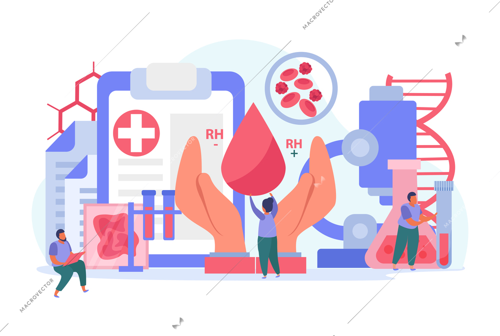 Blood donor composition with hand and blood droplet flat vector illustration