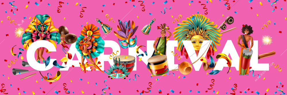 Traditional brazil carnival background with holiday objects and latin people playing musical instruments realistic vector illustration