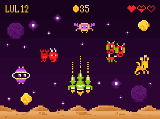 Arcade computer game interface pixel art composition with retro space shooter screen aliens and combat spacecraft vector illustration