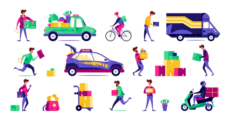 Parcels packages mail worldwide delivery options colorful set with bike motorbike courier van driver service vector illustration