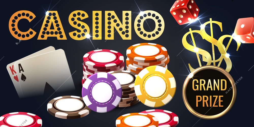 Realistic casino horizontal poster with chips gaming cards and dice images with editable shiny golden text vector illustration