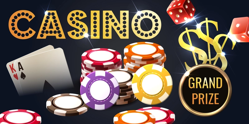 Realistic casino horizontal poster with chips gaming cards and dice images with editable shiny golden text vector illustration