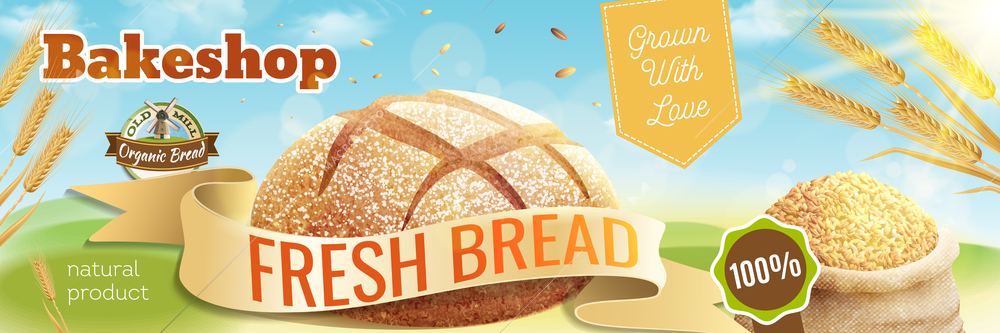 Realistic bread horizontal poster with editable text badges and outdoor background with field scenery and wheat vector illustration
