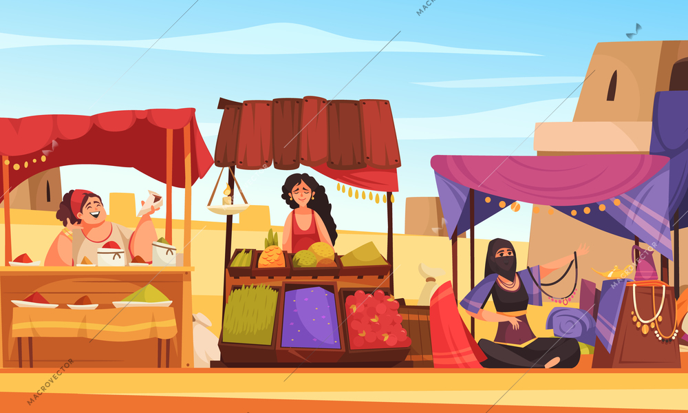 Eastern souk with female characters selling souvenirs and food under awnings cartoon background vector illustration