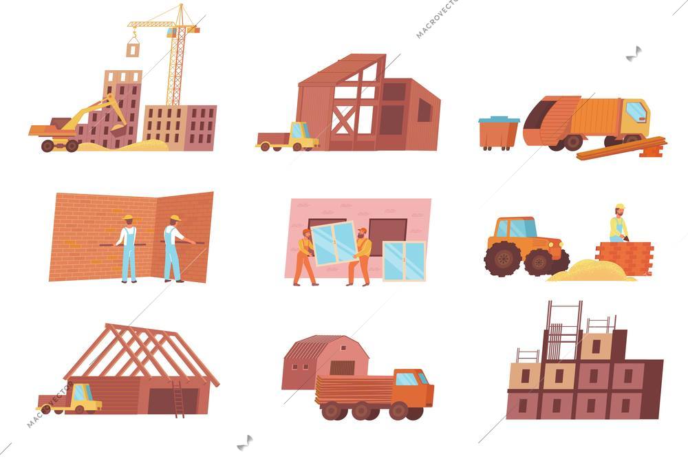 Home construction set of flat icons and isolated images of building supplies houses machinery and workers vector illustration