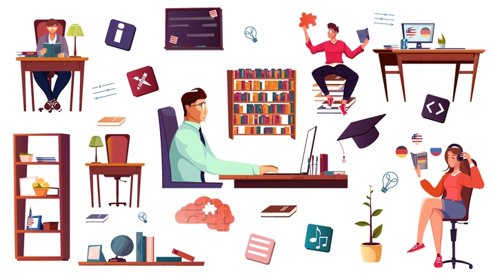 Self education set of flat isolated icons human characters and images of home and classroom furniture vector illustration