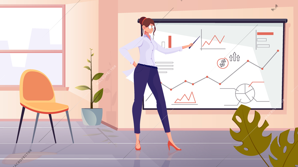 Financial coach composition with flat office scenery and female character near board with diagram chart drawings vector illustration