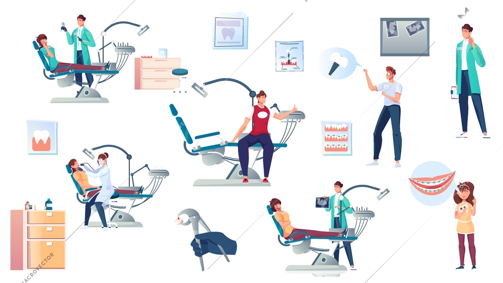 Dentistry set with flat icons of medical supplies and apparatus with characters of dentists with patients vector illustration