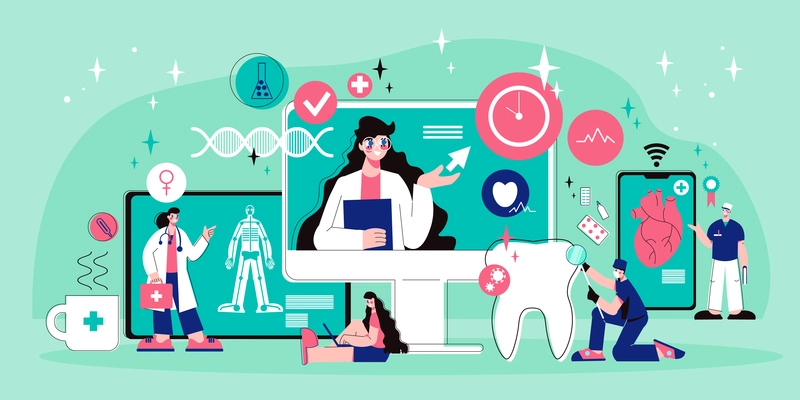 Online medicine telemedicine composition with doodle human characters of medical specialists with pictograms and electronic gadgets vector illustration