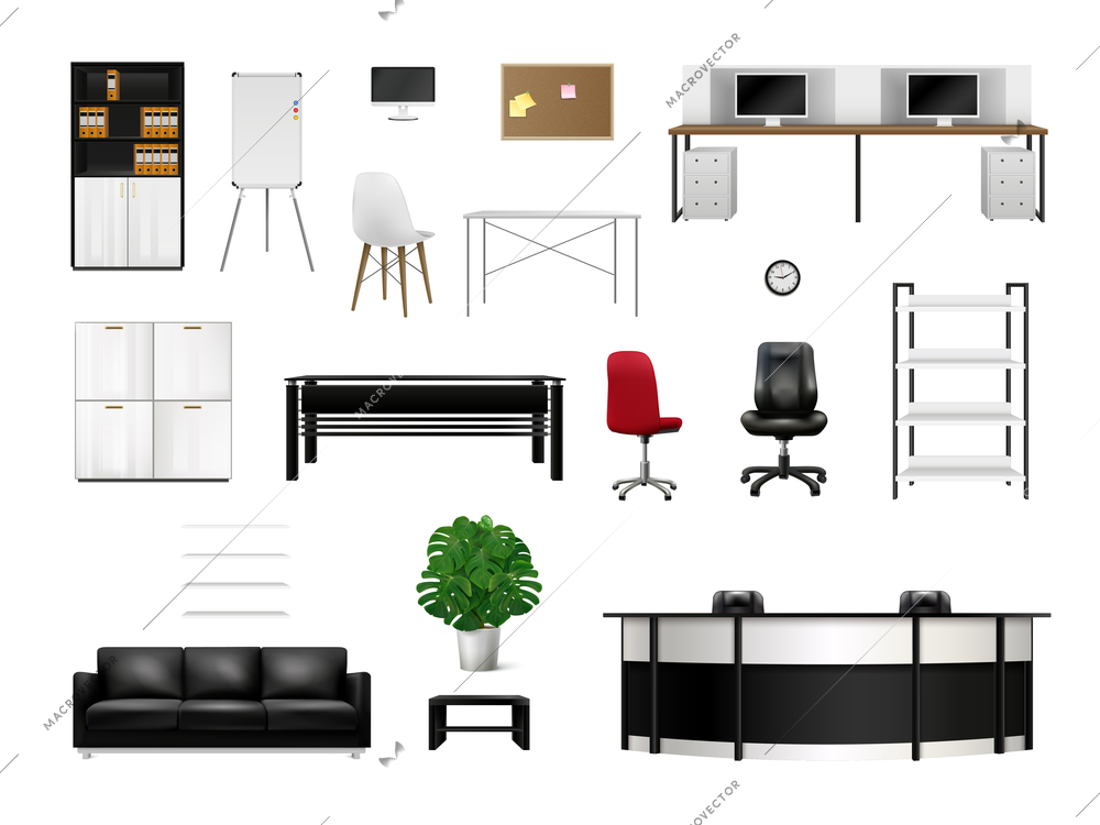 Office interior elements realistic icon set with stylish chairs tables reception area shelves and wardrobes vector illustration