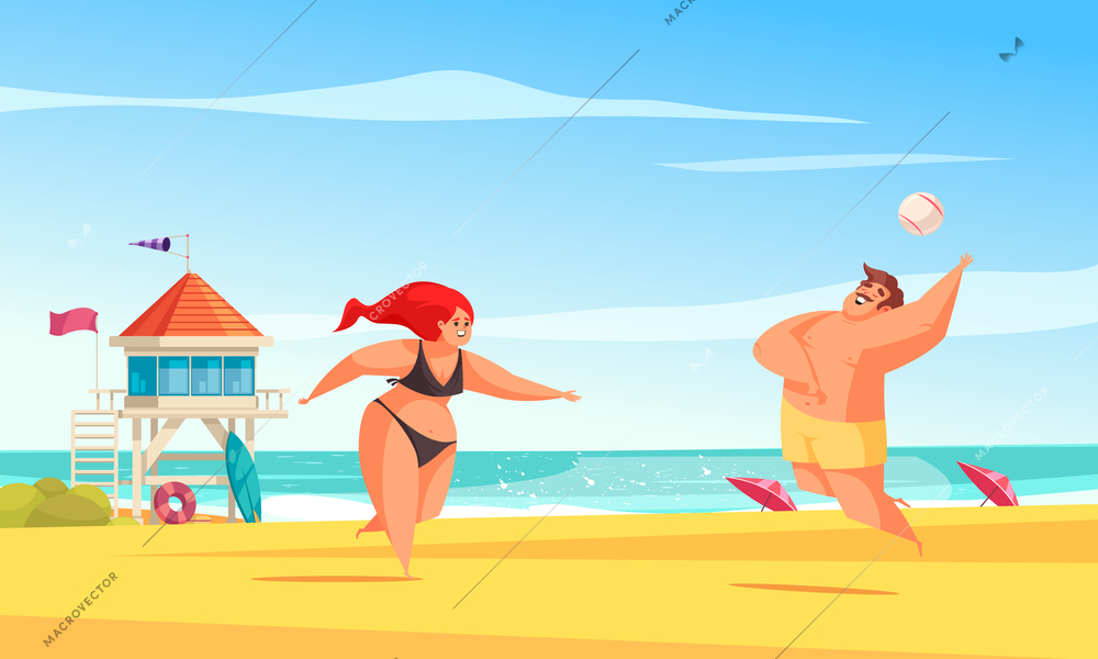 Body positive beach composition with two big people play ball in the sand vector illustration