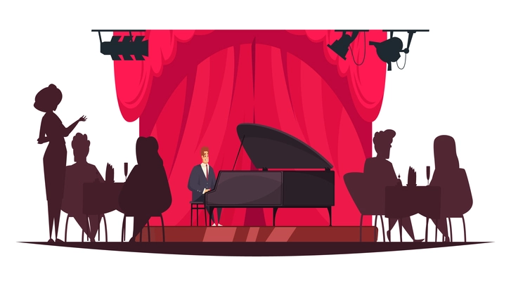 Pianist playing music live in restaurant with silhouettes of people sitting at tables cartoon vector illustration