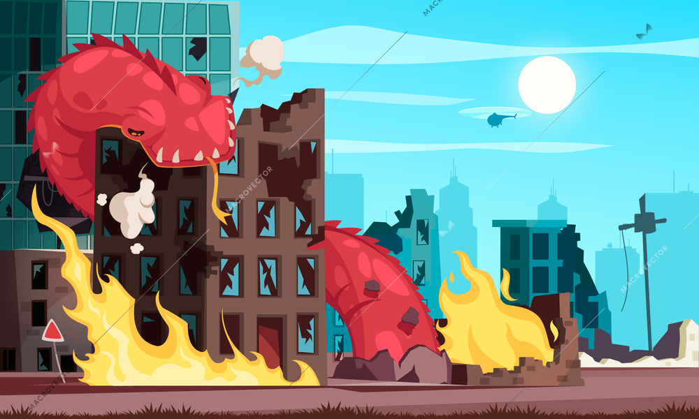 Cartoon attacking giant worm destroying building vector illustration