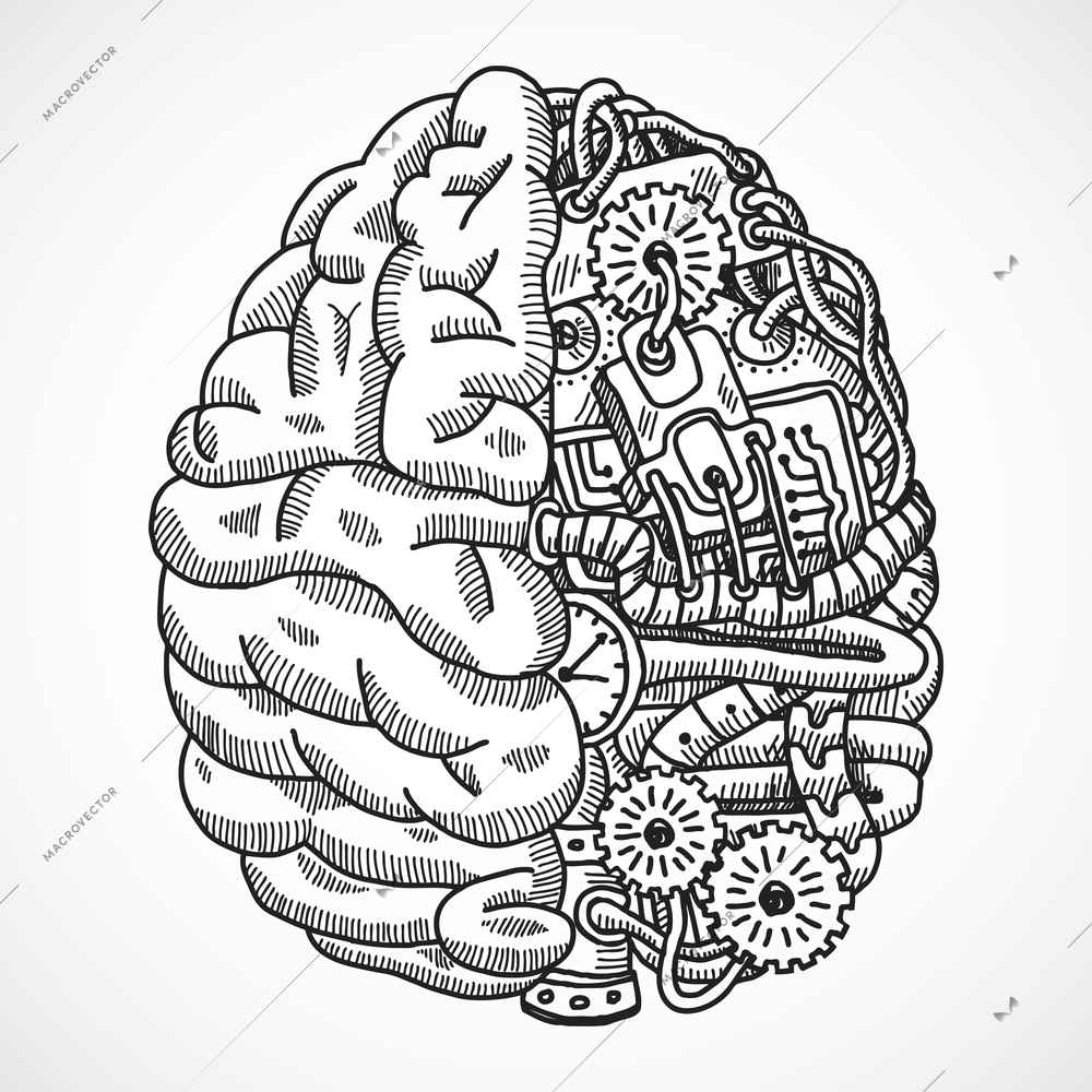 Human brain as engineering processing machine sketch concept vector illustration