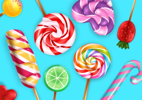 Lollipop candies closeup realistic top view seamless pattern with rainbow spiral pastel striped  cane strawberry vector illustration