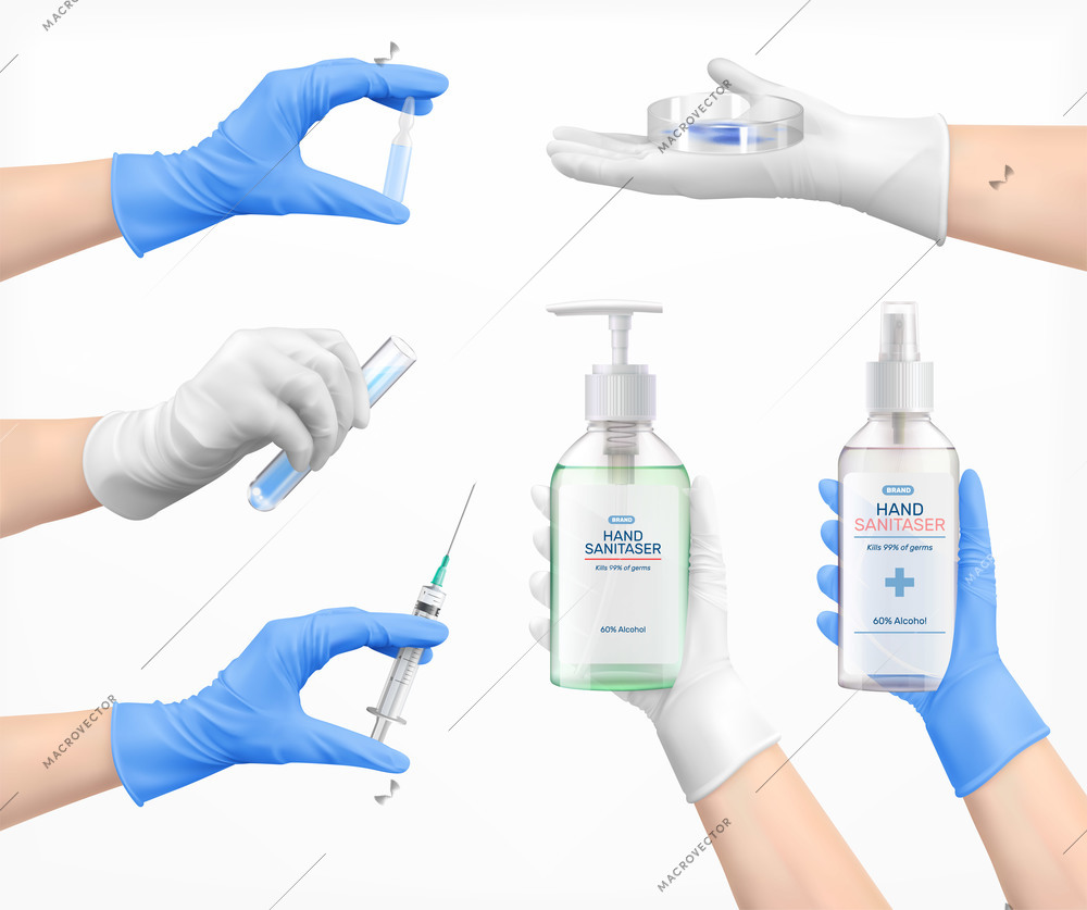 Realistic set of medical staff hands in protective gloves holding hand sanitazer ampoule with medicine and syringe isolated vector illustration