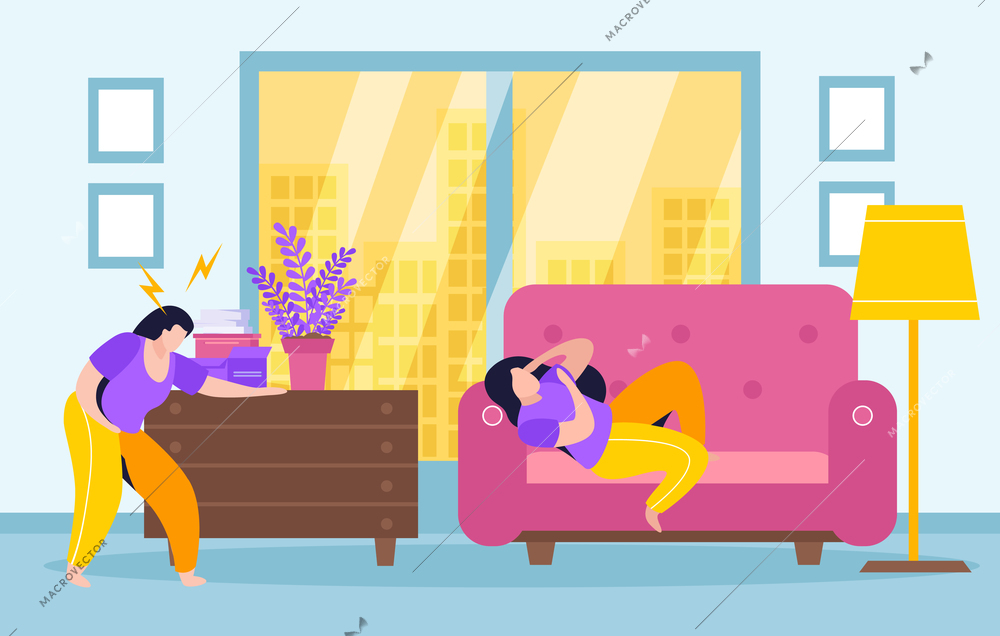 Low energy people flat poster with female characters suffering from digestive problems and chronic fatigue syndrome vector illustration