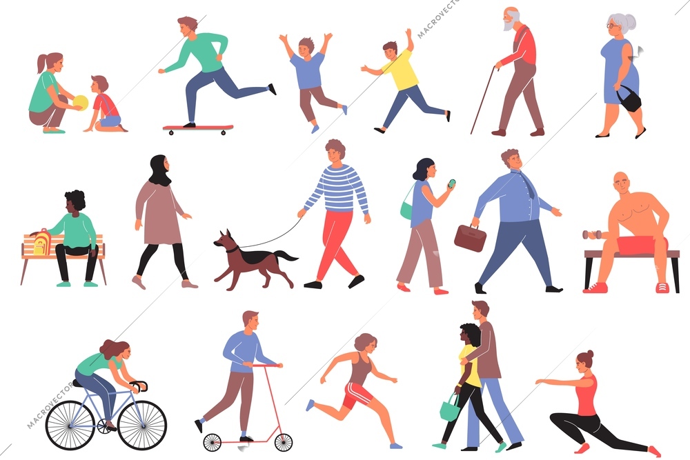 Walking people flat set of various ages human characters performing outdoor activities isolated vector illustration
