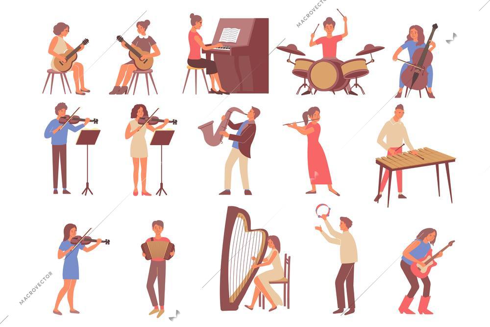 Set of flat colorful icons with single human characters learning musical instruments isolated on blank background vector illustration