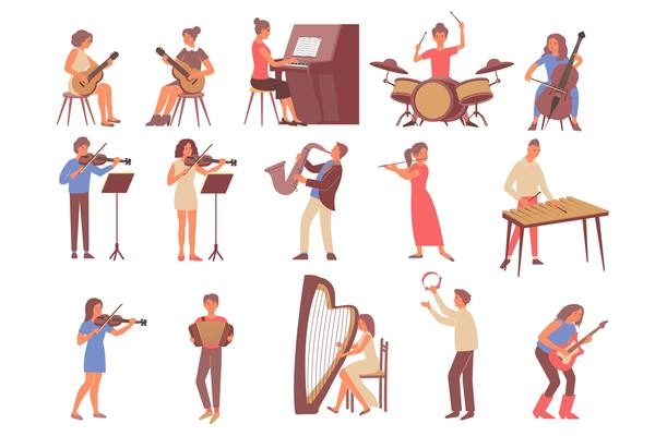 Set of flat colorful icons with single human characters learning musical instruments isolated on blank background vector illustration