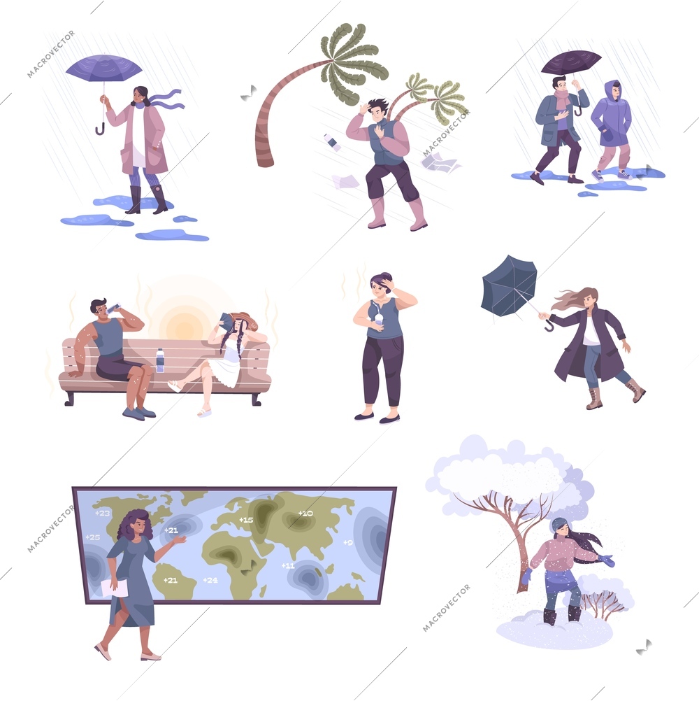 Set of flat weather icons with people in warm and light clothing and seasonal health disorders vector illustration