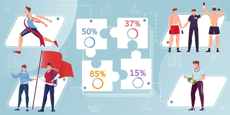 Flat infographics with percentage and sport competition winners vector illustration