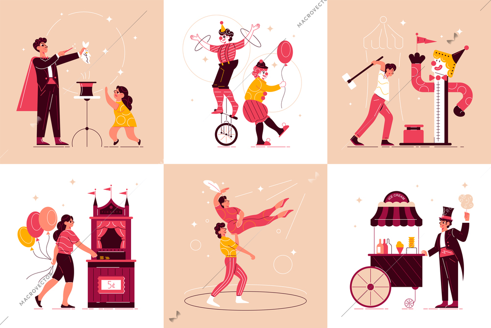 Circus funfair design concept with set of square compositions with characters of circus performers and visitors vector illustration